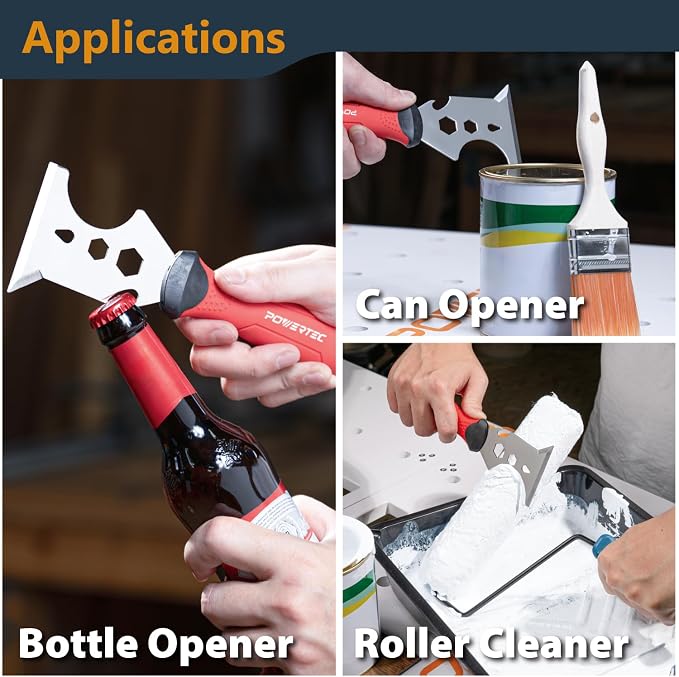 POWERTEC 9-in-1 Painter's Tool w/ 3 Inch Stainless Steel Putty Knife | Straight Scraper, Grout Remover, Roller Cleaning, Can Opener, Bottle Opener, Nail Puller, Screwdriver, 3/8" & 1/4" Wrench (72067)