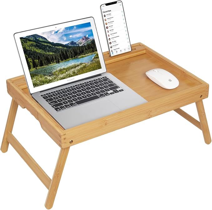Artmeer Bed Tray Table with Folding Legs, Bamboo Breakfast Food Tray with Media Slot, Use As Platter, Laptop Desk, Snack, TV Tray Kitchen Serving Tray (Bamboo Large)