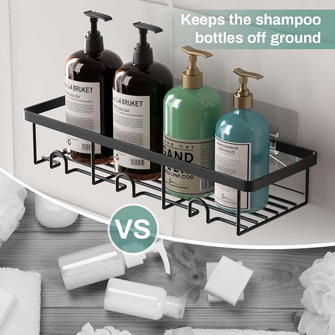Shower Shelves for Inside Shower, 2 Pack Adhesive Bathroom Caddy Organizer Basket Rack for Storage and Organization, Wall Suction Bath Bathtub Shampoo Holder Set for RV Camper, Black