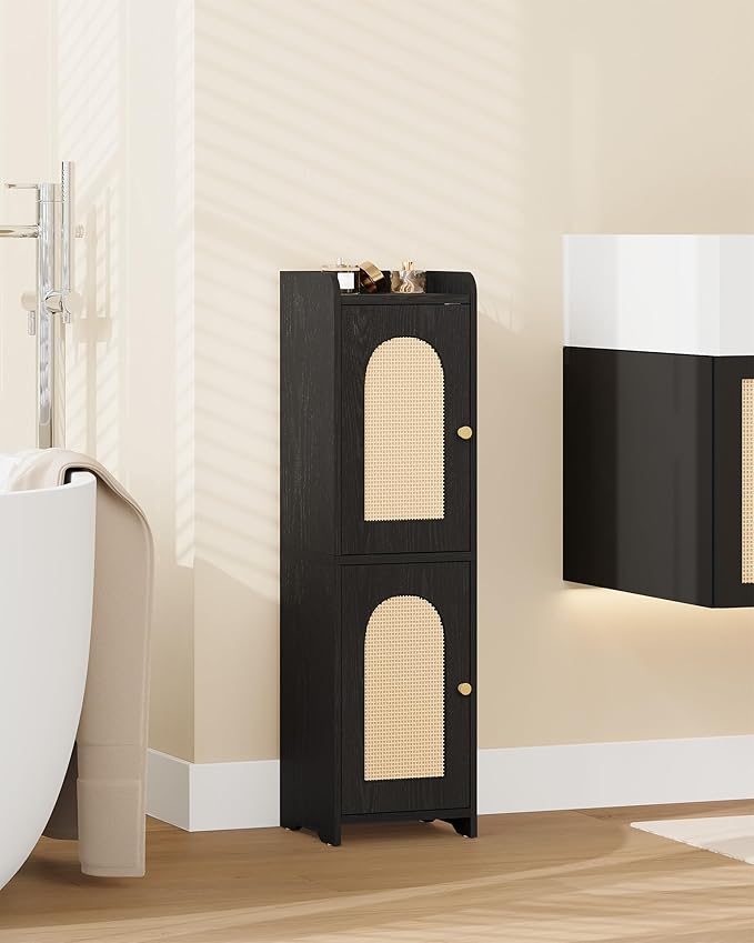 Hzuaneri Bathroom Storage Cabinet, Small Corner Floor Cabinet with 2 Doors and Adjustable Shelf, Narrow Toilet Paper Cabinets, Bathroom Organizer for Small Spaces, 7.9"D x 7.9"W x 29.5"H Rattan Black