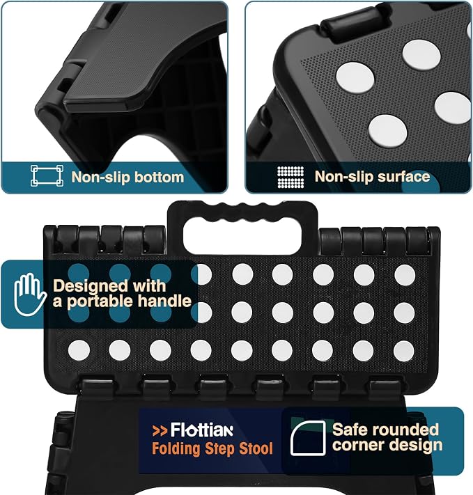 Flottian 9" Folding Step Stool for Adults and Kids Holds Up to 300 lbs,Non-Slip Folding Stools with Portable Handle, Compact Plastic Foldable Step Stool for Bathroom,Bedroom, Kitchen Black