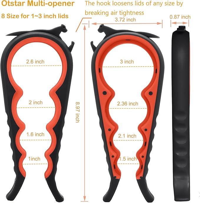 Otstar Jar Opener for Weak Hands，5 in 1 Bottle Opener for Seniors with Arthritis - Multifunctional Lid Remover Set, Includes Non-slip Rubber Jar Gripper Pad, Wine Opener (Black and Red)