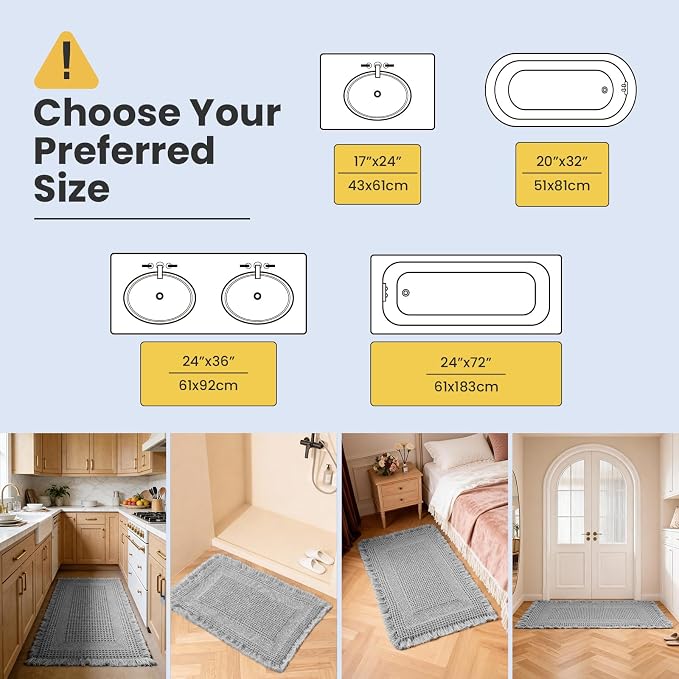 Waffle Bath Mat - Non Slip Bathroom Rugs - Washable Super Absorbent & Quick Dry Bath Mats with Tassels for Hallway Bedroom Laundry Room,17" x 24",Light Gray