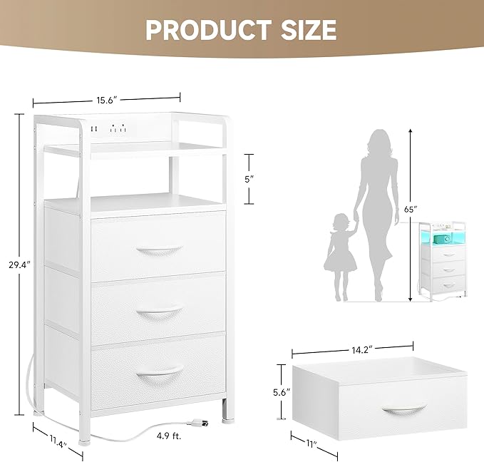Lazzanto Night Stand Bedside Charger Bedroom - Nightstand with Charging Station, Bed Side Table with LED Light Strip, End Table with U-S-B Ports & AC Outlets, Storage Shelf & 3 Fabric Drawers, White