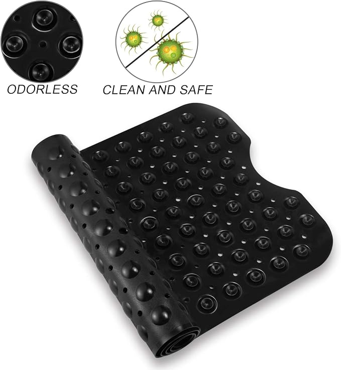 YINENN Bath and Shower Safety Mats 40x16 inch, Non Slip with Suction Cups for Bathroom Stall and Tub Floor, Extra Large and Machine Washable, Drain Holes Keep Bathtub Clean, Black