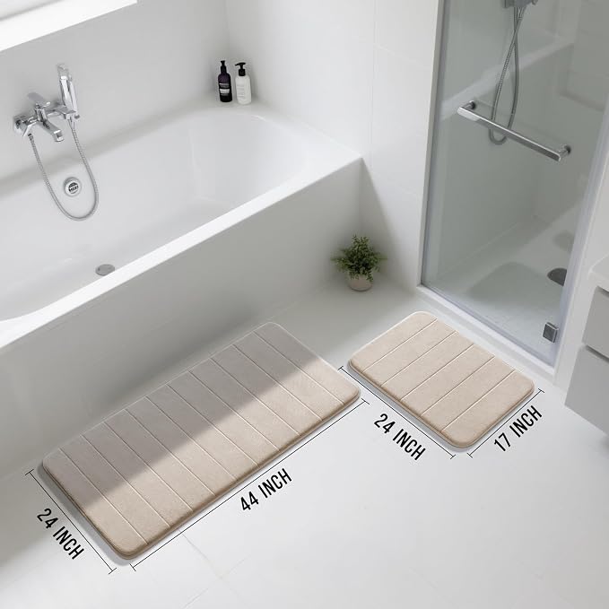 Yimobra Large Bath Mat Set 2 Piece- Super Soft Absorbent Quick Dry Memory Foam Bathroom Rugs, Machine Washable Non Slip Floor Carpet for Tub Shower & Double Vanity (17x24 & 44x24, Beige)