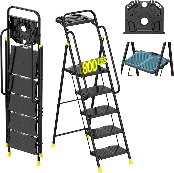 5 Step Foldable Step Ladder Stool with Roomy Tool Tray and Secure Handrail, Foldable Platform Ladder 5 Step Folding Stepstools with Wide Pedals and 800lbs Weight Capacity for Adults, Home, Kitchen