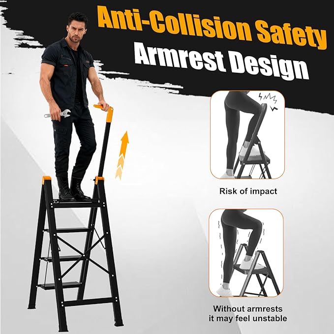 4 Step Ladder with Single-Handrail, Aluminum Step Stool Foldable, Lightweight Sturdy Step Ladder with Anti-Slip Pedals,Convenient Handrail for Home Kitchen Closet, 600lbs Max Load Capacity (Yellow)