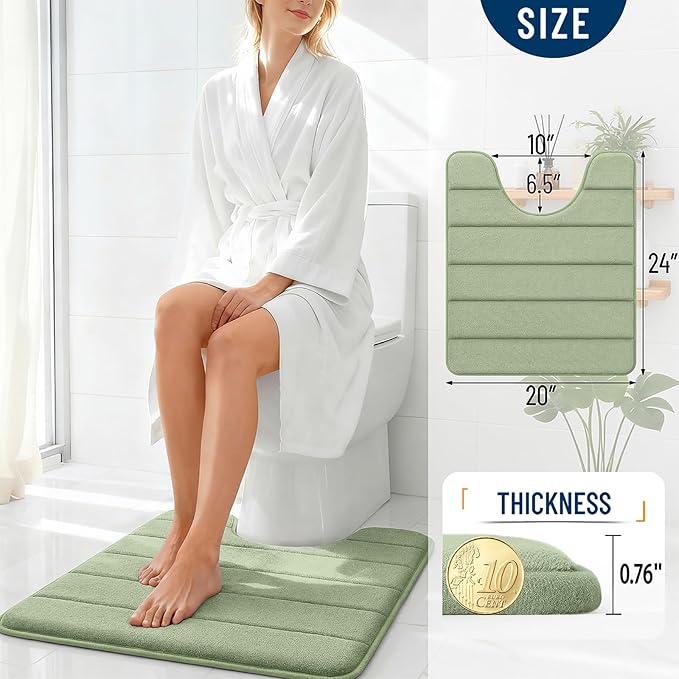 OLANLY Memory Foam Toilet Rugs U Shaped 24x20, Super Soft Absorbent Contour Bath Rugs, Quick Dry, Machine Washable Toilet Mat, Bathmat Floor Carpet, Bathroom Home Decor Accessories, Sage Green