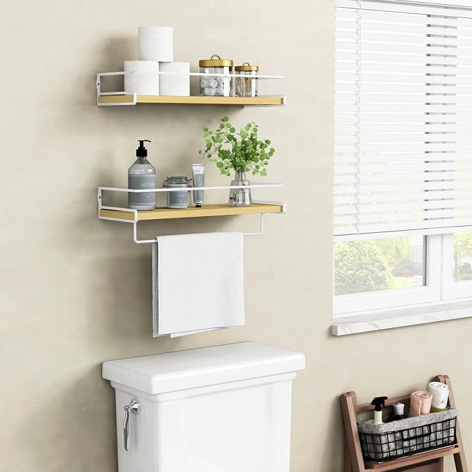 Forbena Natural Wood Bathroom Floating Shelves for Wall Set of 2, Light Wood Wall Shelves with Rail for Bathroom Nursery Office (Natural Wood and White)