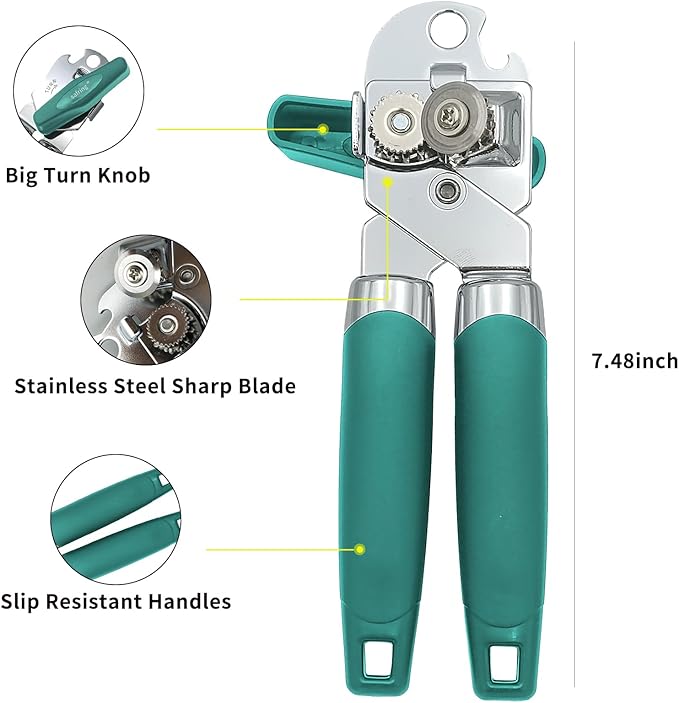 Safring Can Opener Manual, Handheld Strong Heavy Duty Stainless Steel Can Opener, Comfortable Handle, Sharp Blade Smooth Edge, Can Openers with Multifunctional Bottle Opener, Aqua Sky