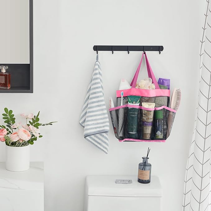 Lifewit Mesh Shower Caddy Portable for College Dorm Room Essentials with 7 Pockets, Freestanding Hanging Organizer Basket, Quick Dry Tote Bag for Camping, Bathroom, Beach, Travel, 1 Pack, Pink