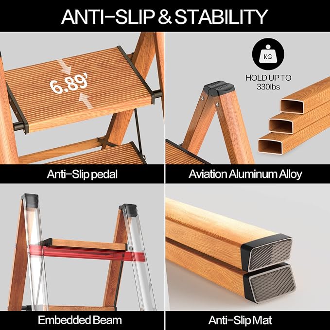 4 Step Ladder, Aluminum Folding Step Stool with Anti-Slip Sturdy and Wide Pedal, Lightweight Portable Stepladder for Home and Kitchen Use, Woodgrain, 330 lbs