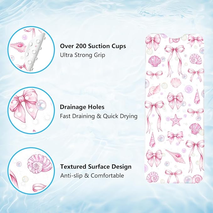 Bath Mat for Tub Non Slip, Cute Bow Bathtub Mats for Girls Non Slip Shower Mat, Machine Washable 40"x16" Long Pink Tub Mats with Suction Cups and Drain Holes for Toddler & Women, Bathroom Decor(Bows)