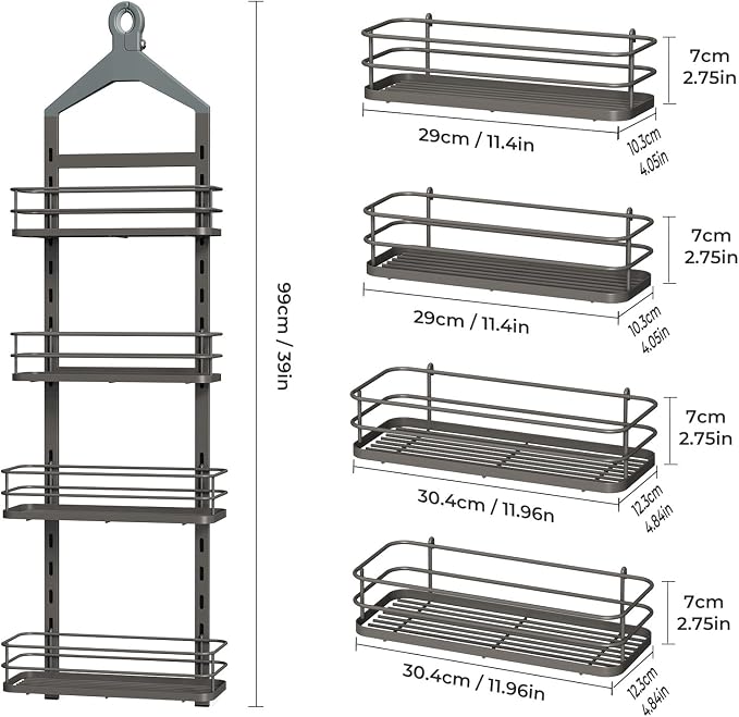 ODesign 4 Tier Height-Adjustable Shower Caddy Hanging Anti-Swing-Over The Shower Head Caddy-Showers Storage Organizer Bathroom Shelves Basket Showers Caddies-Grey