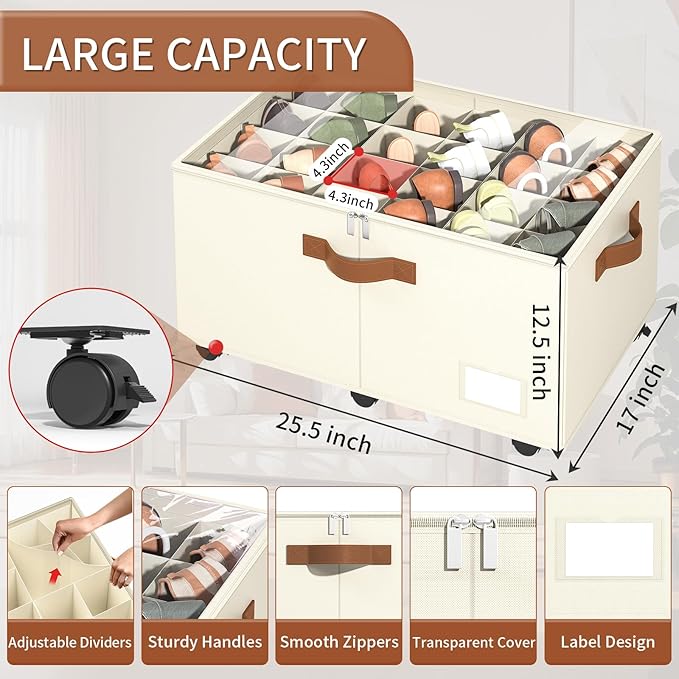 Shoe Organizer for Closet, 2 Pack Shoe Storage Organizer with Wheels and Adjustable Dividers, Stackable Shoe Storage Box with Clear Cover, Foldable Closet Shoe Organizer Fits up to 24-48 Pairs, Beige