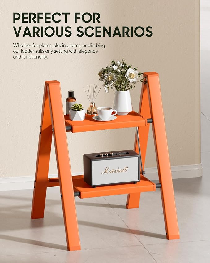 HillhutApex 2 Step Ladder, Lightweight Portable 2 Step Stool with Anti-Slip Wide Pedal, 330lbs Capacity Aluminum Ladder for Household,Office,Library(Orange)