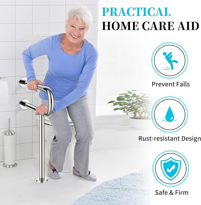 Toilet Support Rail 24X 28 Inch, Munzong Anti-Slip Chrome Handicap Grab Bar for Bathroom, Stainless Steel Knurled Safety handrails with Leg for Elderly Disabled Pregnant-1.25’Tube