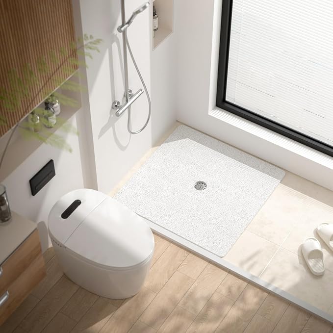 HITSLAM Square Shower Mat, 36 x 36 Inch Non Slip Bath Mat for Tub, Soft PVC Loofah Bathtub Mats with Drain Holes, Quick Drying Bathroom Stall Floor Mat, Bathroom Accessories Without Suction Cup, White