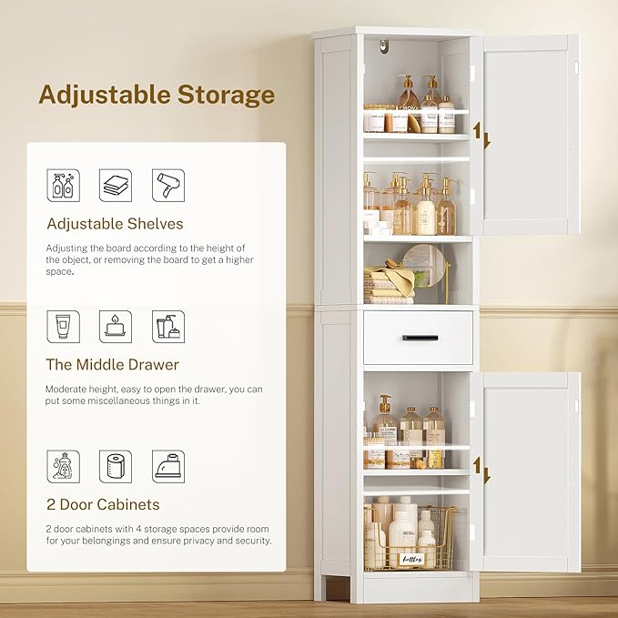 TEENFON 67" H Bathroom Storage Cabinet with Barn Doors & Adjustable Shelves, Bathroom Cabinet with Drawer, Narrow Bathroom Storage Unit, Floor Cabinets for Living Room, Kitchen, White