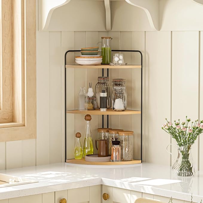 Forest Angle Bathroom Counter Organizer,Countertop Organizer,Vanity Organizers,Bathroom Storage,Bathroom Sink Caddy,Counter Shelf,Corner Counter,Corner Shelves(Black-Burlywood)