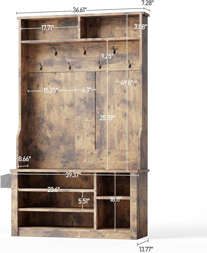 Aiho Entryway Hall Tree with Bench and Storage, 5-in-1 Hall Tree with Coat Rack, Adjustable Shoe Bench, 2-Tier top Storage, for Hallway, Entryway, Bedroom, Rustic Brown