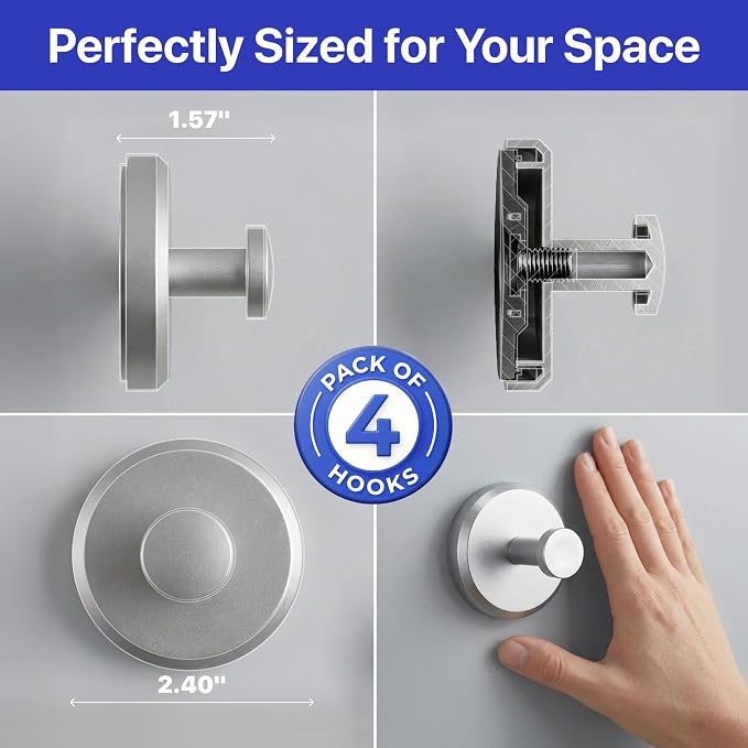 HOME SO Suction Cup Hooks for Shower & Bathroom Towel Holder 4-Pack – Suction Cups Hooks for Hanging Towels, Robes, & Coats - Tiles, Glass Door or Mirror – Shower Hooks & Towel Hooks Organizer -Nickel