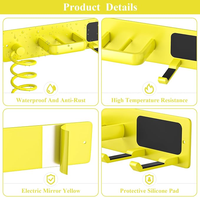 Tindbea Hair Dryer Holder Wall Mount Aluminum Alloy Hot Tools Organizer | Heavy Duty, Bright Yellow