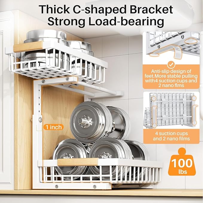 PXRACK Under Sink Organizer, Adjustable Height, 2 Tier Pull Out Under Cabinet Organizer, Slide Out Thickened Metal Under Sink Storage for Kitchen Bathroom Laundry Pantry Cabinet, White, Small-1-Pack