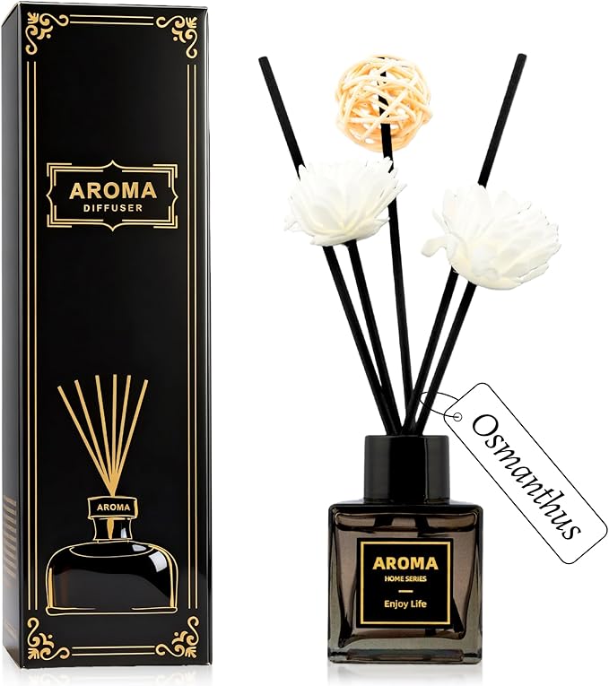 Black Glass Bottle Scent Diffuser, 1.7 oz Reed Diffuser with Sticks, Home Fragrance for Bookshelf, Bedroom Vanity, Office Desk & Bathroom Decor, Air Freshener for Aesthetic Room Decor (Osmanthus)