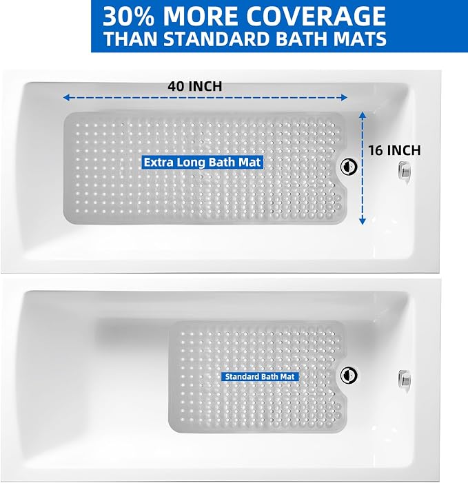 ZHICHENG Bath Tub and Shower Mats, Non-Slip 39 x 16 Inch Extra Long Bath Mat, Machine Washable Bathtub Mat with Drain Holes, Suction Cups for Bathroom (Grey)
