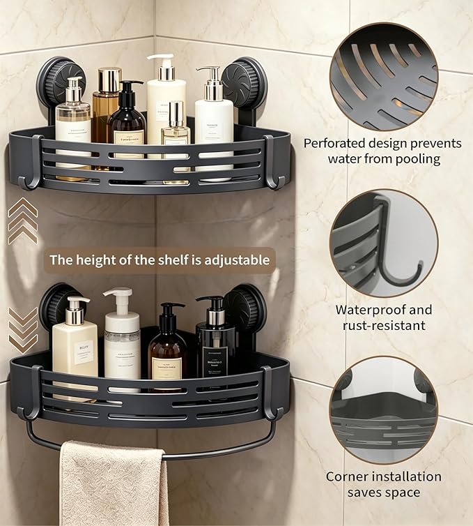LOOCH 3 Pack Plastic Corner Shower Caddy with Twist-Lock Suction Cups & a Pre-Applied Adhesive Layer, The No-Drill Shower Organizer with Towel Bar & Drain Holes for Bathroom Storage & Decor（Grey）