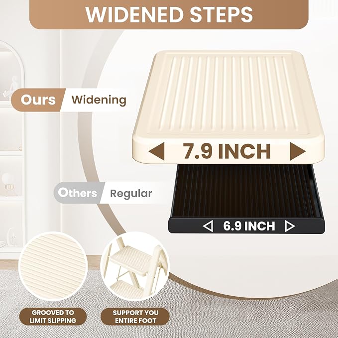 4 Step Ladder Folding Step Stool with Wide Anti-Slip Pedal, 330LBS Capacity, Lightweight Portable Stepladder for Home and Kitchen Use, Cream White