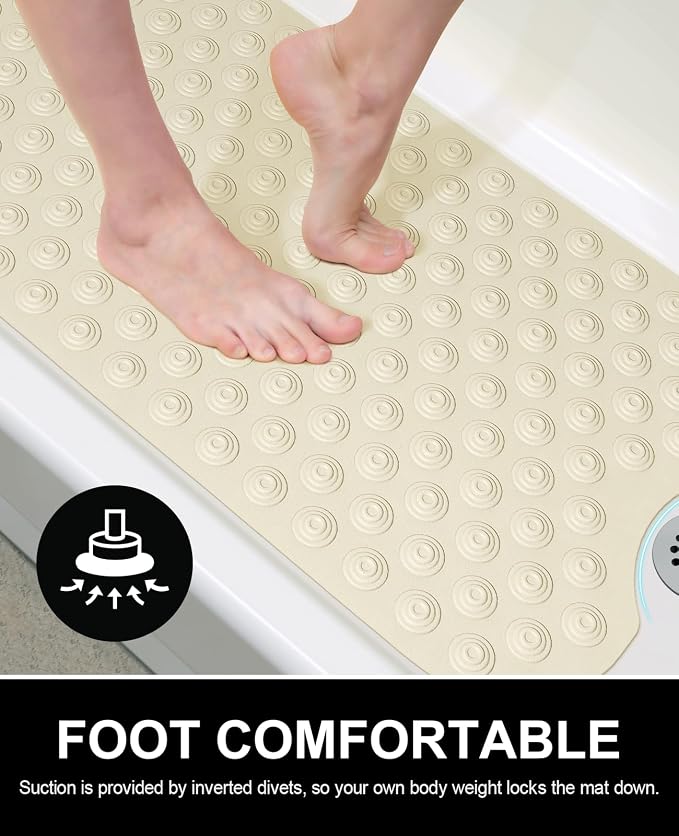 OTHWAY No Suction Cup Bath Mat: 39x16 inch Extra Long Bathmat│Perfect for Refinished or Ordinary Bath Tubs│Made of Nature Rubber│a Blessing for the Elderly and Children (Beige)