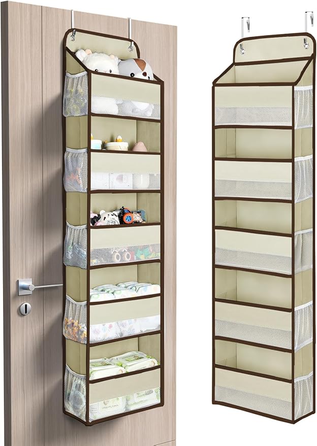 Yecaye 1 Pc 5 Tier Over the Door Organizer with 15 Pockets | 44lb Load Over the Door Storage | No Sagging Closet Organizers and Storage | Versatile Nursery Hanging Organizers for Home Dorm - Beige