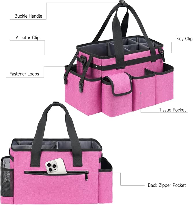 Cleaning Caddy,Cleaning Bag for Housekeepers,Cleaning Supplies Organizer with Handle,Rose Red