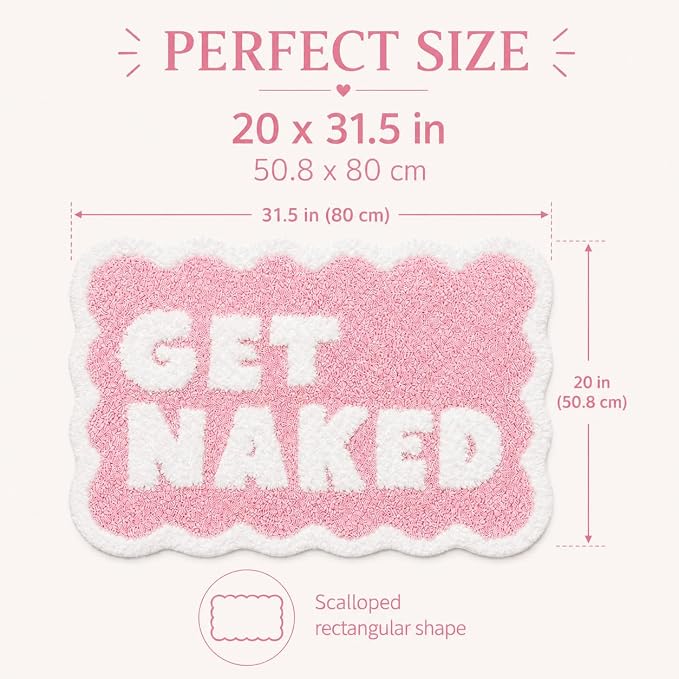 Scalloped Pink Bath Rug, Get Naked Cute Bathroom Rug, Soft Absorbent Quick Dry Bath Mat, TPR Non Slip Backing, Microfiber Mat for Shower Tub Sink Vanity 20" x 31.5"