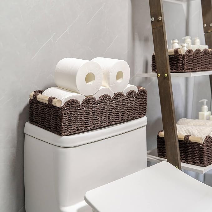 CubesLand Toilet Paper Storage Organizer Basket, Scalloped Decorative Baskets for Over Toilet Shelves, Wicker Small Basket Perfect for Home Countertop Storage & Decor, Living Room Shelf Decor, Brown