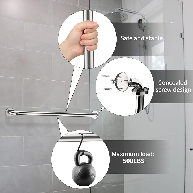 2 Pack 32 Inch Shower Grab Bar, ZUEXT SUS304 Stainless Steel Chrome Bathroom Grab Bar Handle, Shower Balance Bar, Safety Hand Rail Support, Handicap Elderly Senior Assist Bath Handle(1.25" Diameter)