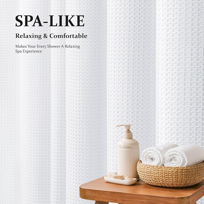 Dynamene White Fabric Shower Curtain, Waffle Weave Heavy Duty Thick Fabric Shower Curtains for Bathroom, 256GSM Weighted Hotel Luxury Cloth Shower Curtain Set with 12 Plastic Hooks, 72Wx72H, White