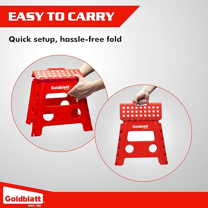 Goldblatt 12.5" Folding Step Stool 1-Pack for Adults and Kids, Lightweight Heavy-Duty Plastic Portable Foldable Stool with Non-Slip Top and Anti-Skid Feet, 300 lbs Capacity, Kitchen & Bathroom, Red