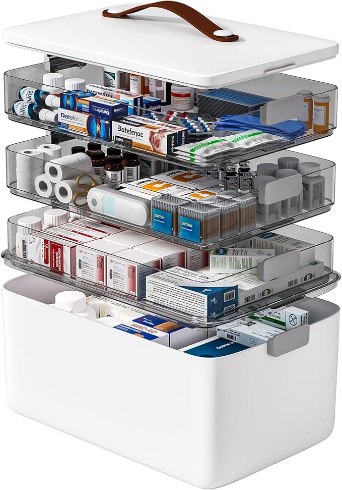 funest 4- Tier Medicine Storage Box Organizer Portable First Aid kit Box Sewing, Art, Craft with Handle, Multipurpose Medical Supply Organizer with Removable Tray