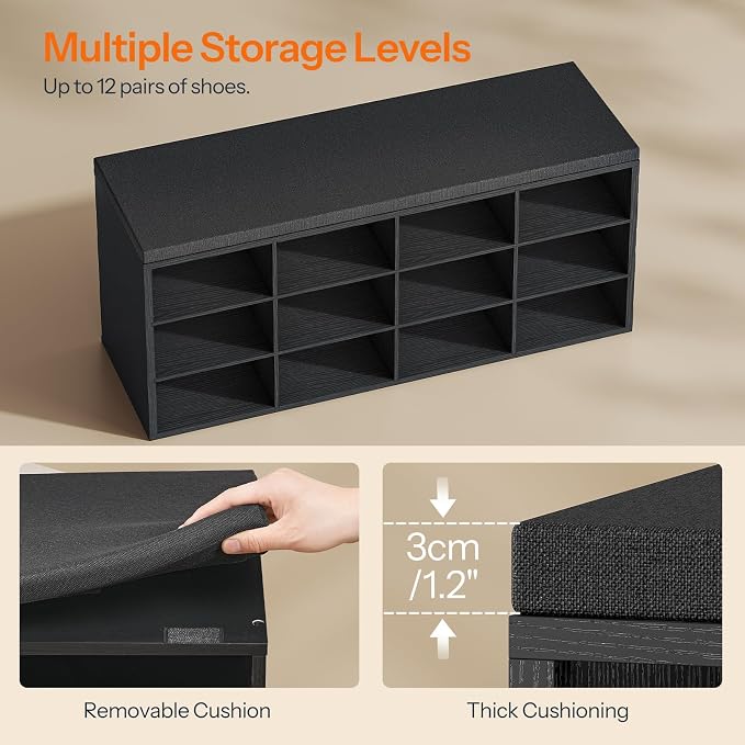 HOOBRO Shoe Storage Bench with Cushion, 39.4" L Entryway Bench with 12 Cubbies, Entryway Hall Tree with Storage, Cubby Shoe Rack Bench with Coat Rack for Hallway, Holds up to 330 lb, Black BB112HX01
