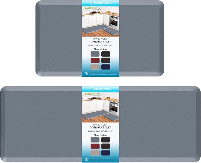 HappyTrends 2 PCS Kitchen Mat Cushioned Anti-Fatigue Floor Mat, Heavy Duty Ergonomic Comfort Foam Standing Mat, Waterproof Non-Slip Kitchen Rugs for Home, Office(20"x30"+20"x47",Grey)