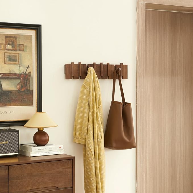 QUELLANCE Wood Coat Rack Wall Mount, Coat Hooks Hanger Wall Mounted, Heavy Duty Wall Coat Rack with 6 Hooks for Hanging Coats/Keys/Hats/Robe&Towels/Plants/Bags, Walnut