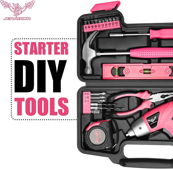JENABOM Cordless Electric Screwdriver, Power Screw Driver Set with Pink Compact Tool Kit for Small Repair and Maintenance- Ideal Housewarming Gift, 112Pcs