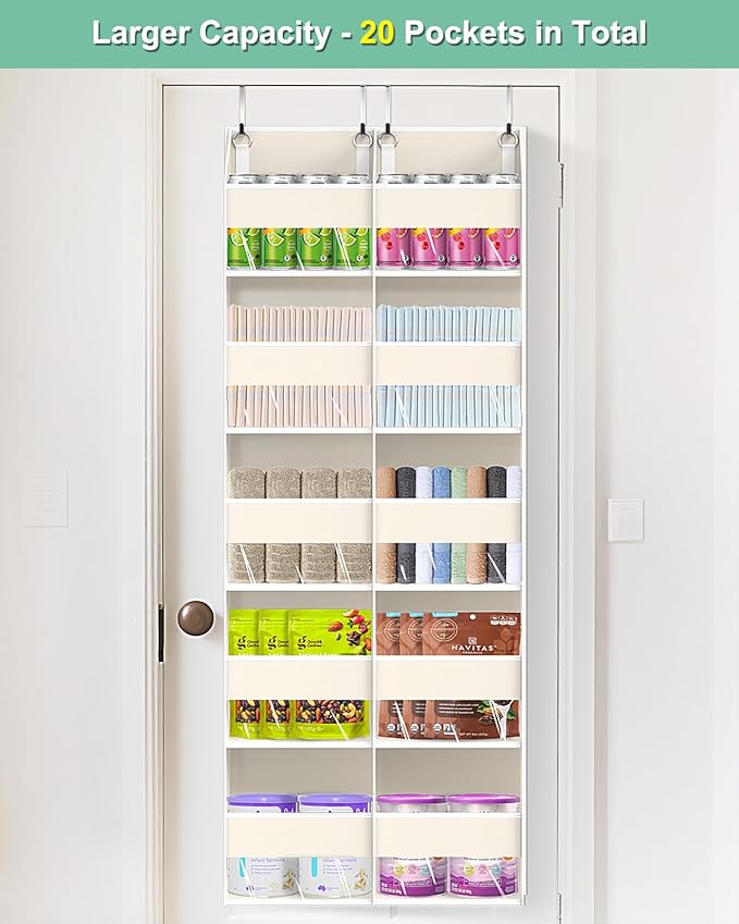 UVIAHOMI Heavy Duty Over The Door Organizer 5 Tiers, Extra Large Behind Door Storage of 10 Big Front & 10 Mesh Pockets, 80lb Weight Capacity, Hanging Doors Storage for Closet Bedroom Nursery, Beige