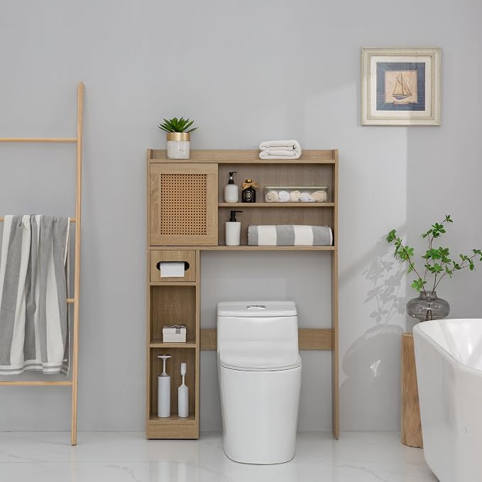 SUNTAGE 6Tier Over The Toilet Storage Cabinet, Freestanding Above Toilet Space Saver Rack w/Adjustable Shelves, Sliding Door, Multifunctional Over Toilet Organizer for Bathroom (Burlywood)