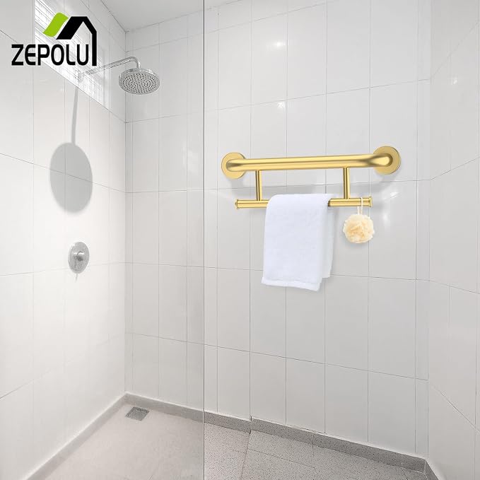 Brushed Gold Grab bar 17 inch - 1.25” Diameter, Zepolu 2-in-1 Bath Towel Bars for Bathroom, Stainless Steel Safety Assist Bar Balanced Support Handle, Wall Mounted Towel Grab Bars for Senior Handicap