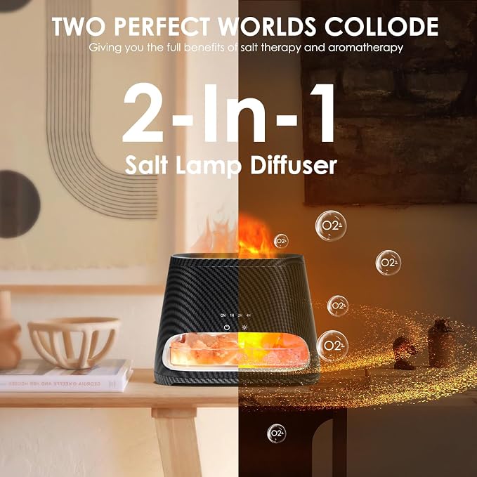 SALKING 2-in-1 Ultrasonic Essential Oil Diffuser & Himalayan Salt Lamp, Aromatherapy Diffuser Cool Mist Humidifier with Auto Off Function, Pure Himalayan Pink Salt Rock, 150ml (Carbon Black)